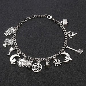 Witch Charm Bracelet Woman Jewelry Spooky Cat Moon Halloween Goth Boho Pentagram